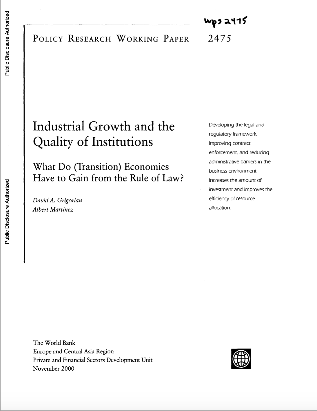 Industrial Growth And The Quality Of Institutions